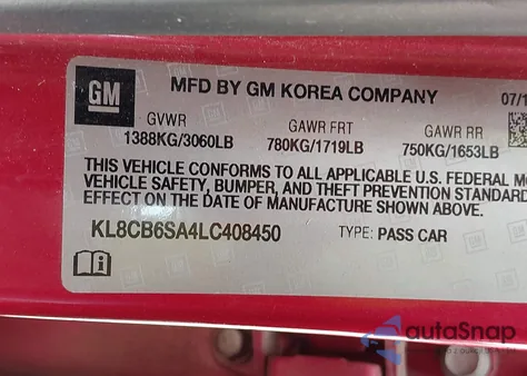 2020 Chevrolet Spark Fwd Ls Automatic z USA, uszkodzony, nr VIN KL8CB6SA4LC408450